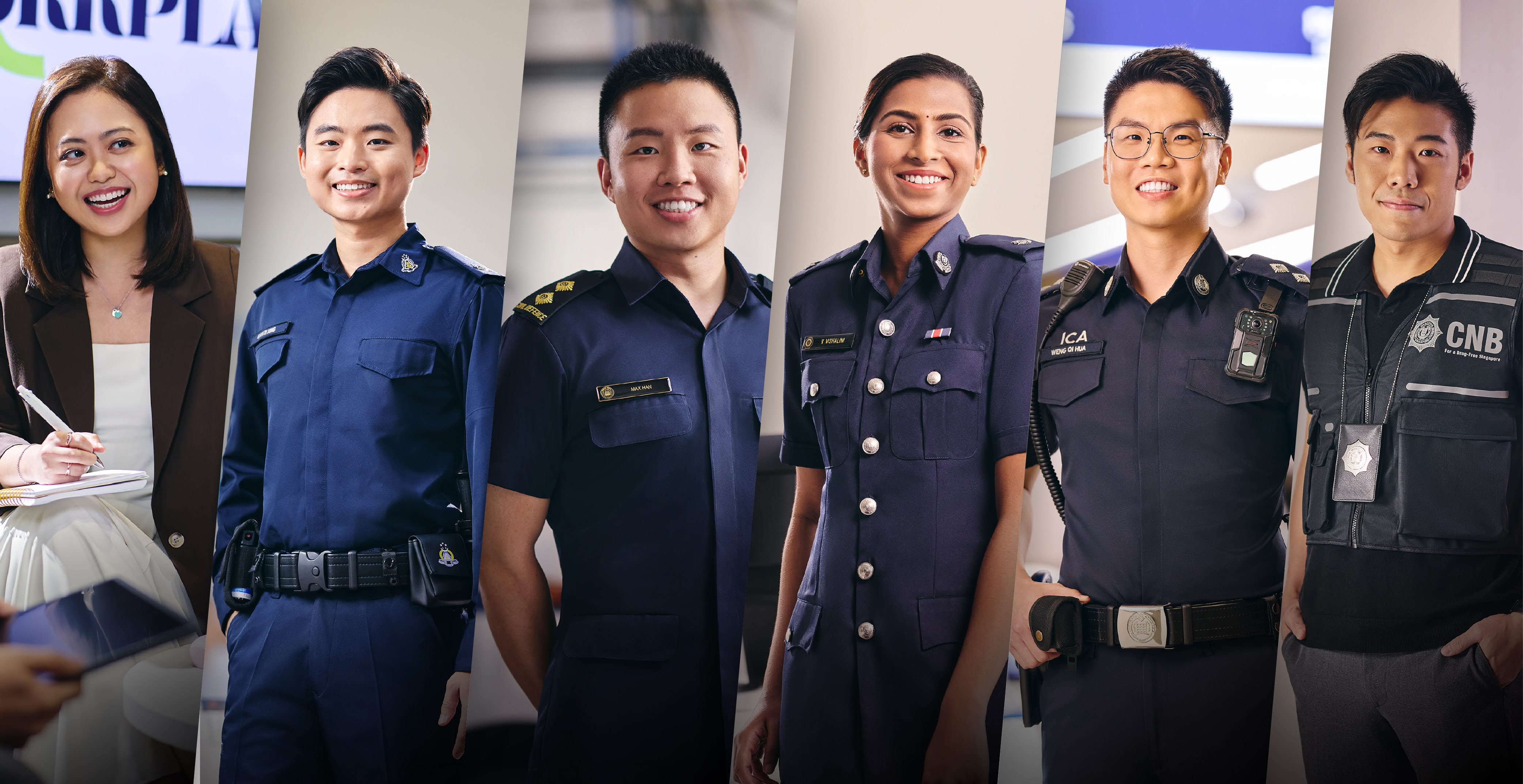 Composite image of Singaporean uniformed personnel: Police, SCDF firefighter, and CNB officer.